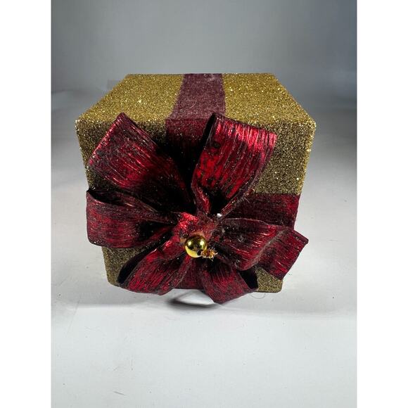 Handmade Vintage Christmas Gift Present Gold Red Decor Holiday Glitter Bow - Picture 10 of 12
